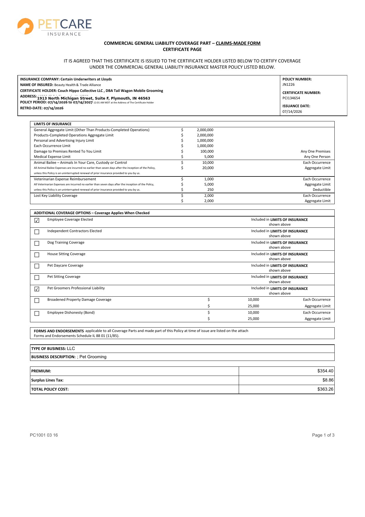 Certificate of insurance for Couch Hippo Collective LLC, doing business as Tail Wagon Mobile Grooming, showing commercial general liability coverage from PetCare Insurance with limits of $2,000,000 general aggregate and $1,000,000 per occurrence, policy period July 14, 2026 through July 14, 2027.
